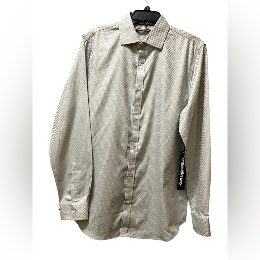 KARL LAGERFELD PARIS DRESS FORMAL SHIRT SLIM-FIT DOBBY GRAY COLOR SIZE MEDIUM - Picture 5 of 9